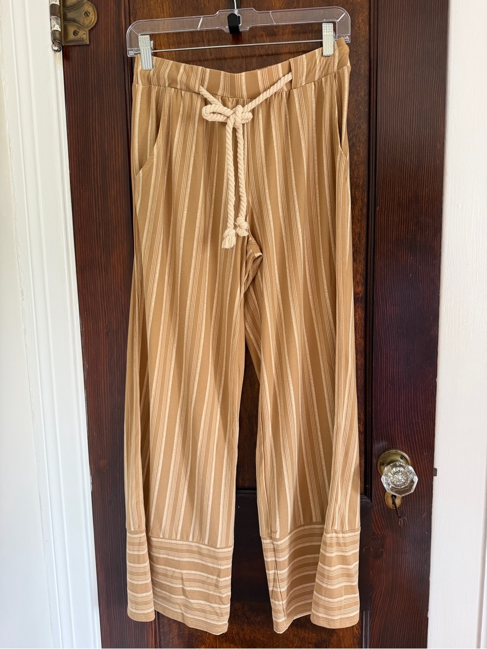Derek Heart Tan Striped Wide-Leg Pants with Rope Tie